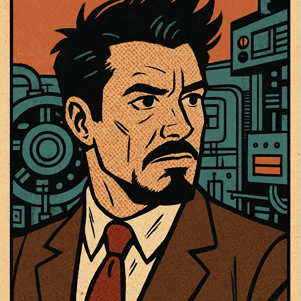 comic book style Tony Stark with spiky hair, facial hair, high-tech background emoji