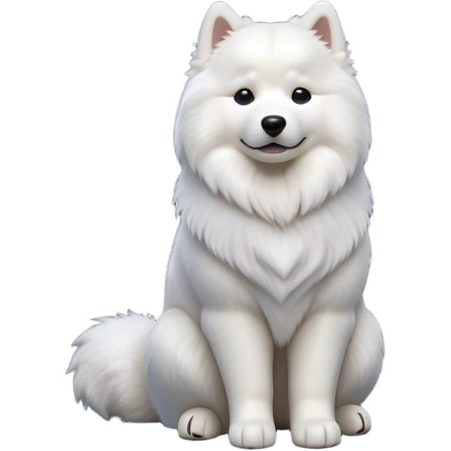cinematic-[samoyed]-realistic-full-body-sitting-emoji,-tail-resting-loosely-beside-its-paws,-head-tilted-dramatically, -fluffy-[white]-fur,-simplified-yet-realistic-focused-features,-highly-detailed,-glowing-with-an-almost-sarcastic-glow emoji