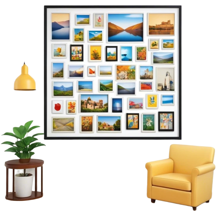 Icon for Photograph and Poster Collecting: a large poster in the center, surrounded by various-sized framed photographs. The icon should capture the charm of collecting photos and posters, arranged artistically on a wall. Transparent background. emoji
