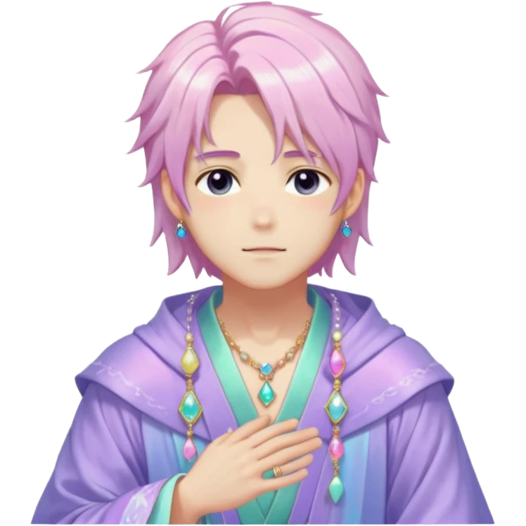 Beautiful gorgeous romantic blushing youthful handsome anime guy with beautiful iridescent-pastel-whitish-special-gently-tousled-medium-long-hair, fashion aesthetic, ethereal, fairycore, pastelcore, layered robes, accessories, jewelries, colorful, shiny, trending style, outside emoji
