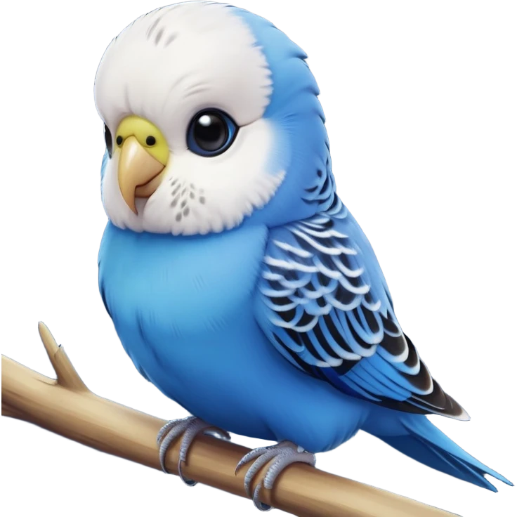 cinematic-cute-blue-budgie-portrait-emoji,-head-tilted-playfully-and-inquisitively,-featuring-a-brilliant-blue-feathered-fur-and white and black feathered face-with-a-natural-sheen,-round,-sparkling-dark-eyes-filled-with-curiosity,-simplified-yet-irresistibly-adorable emoji