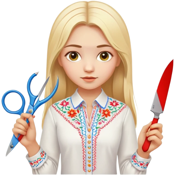 Ukrainian young girl with blonde hair in a white traditional embroidered shirt (vyshyvanka) holding scissors in one hand and colorful paper in the other hand emoji