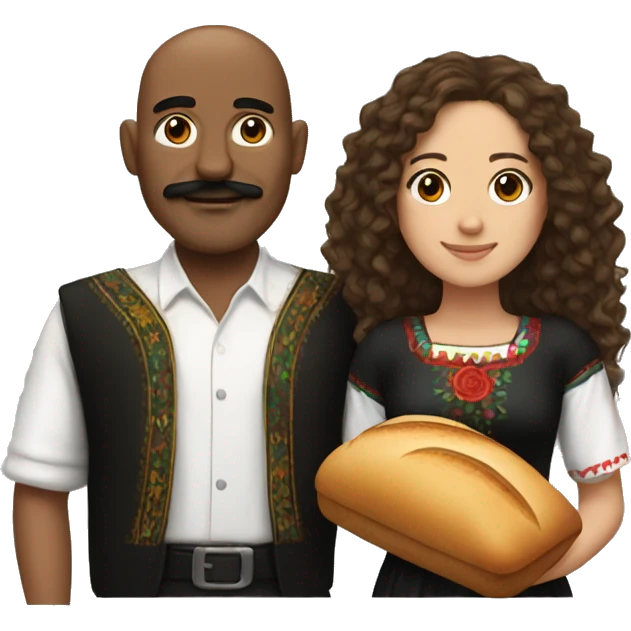 Mexican girl with long curly brown hair with red at the bottom and a black bald man with a bread and mustache emoji