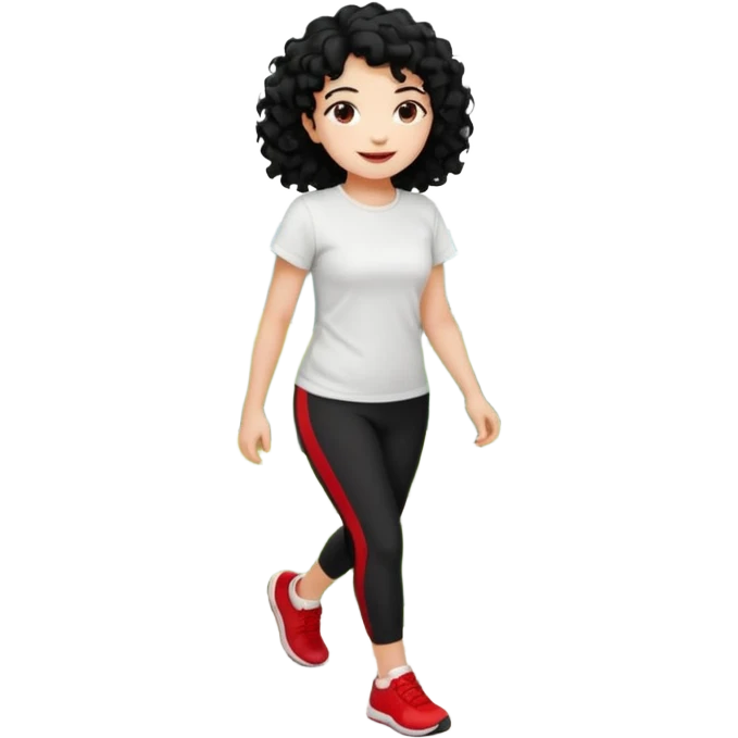generate a pretty bratz fair skinned girl with curly black hair wearing a white tshirt trekking on a hill with red sneakers on and black leggings emoji