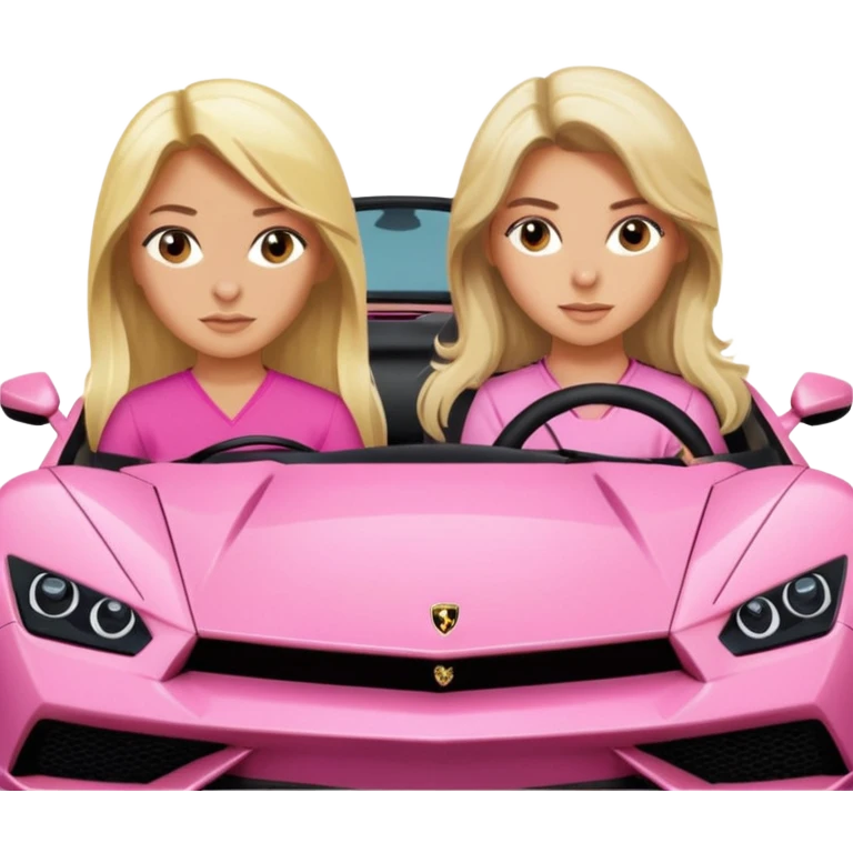 Make car far away so I can see full car Car facing forward in pink sports car. Make hair long are not smiling but very pretty. One girl is blonde, one girl is brunette. Front of car sitting in the seats. Make it a pink sports car. They are two baddies make it a Lamborghini pink car  emoji