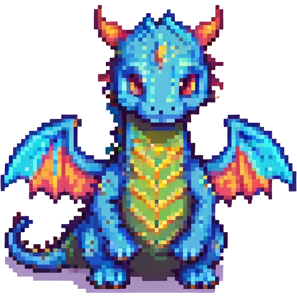pixel art dragon with tiny wings, cute and colorful emoji