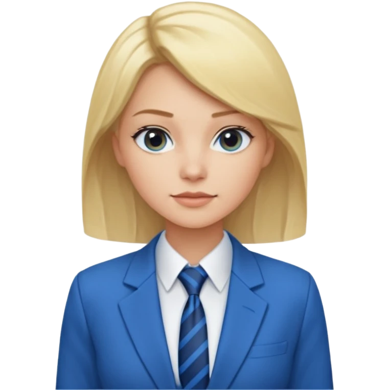 une femme blonde jolie avec une chemise blanche et une veste a manche longues et cravate bleu emoji