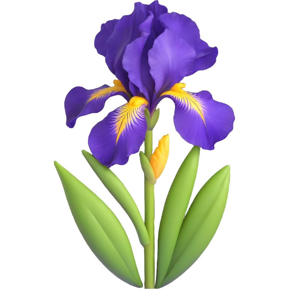 Detailed iris flower with rich purple color, classic iris structure with three hanging falls and three upright standards, green stem and leaves emoji