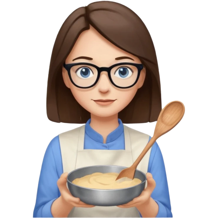 Me baking, brown shoulder hair, thin black glasses, blue eyes emoji