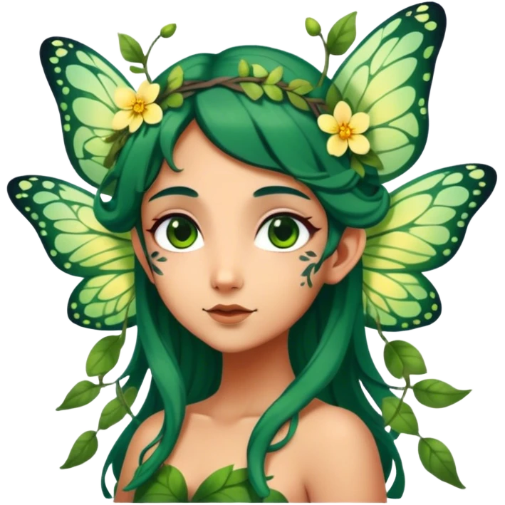 Cinematic Realistic Forest Fairy Portrait, head tilted playfully and inquisitively, showcasing a nature-inspired form with intricately detailed, sunlit tanned skin and cascading dark green hair interlaced with leaves and blossoms showing her large butterfly wings from her back. Her bright, curious eyes sparkle with forest mischief, rendered with lifelike clarity and warm, dappled lighting that captures the spirit of an enchanting woodland fairy ready to dance among the trees. emoji