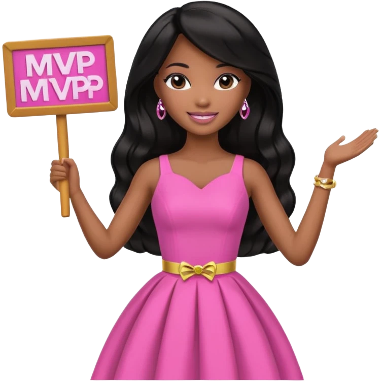 Black barbie, long black  hair, pink dress holding mvp sign  emoji