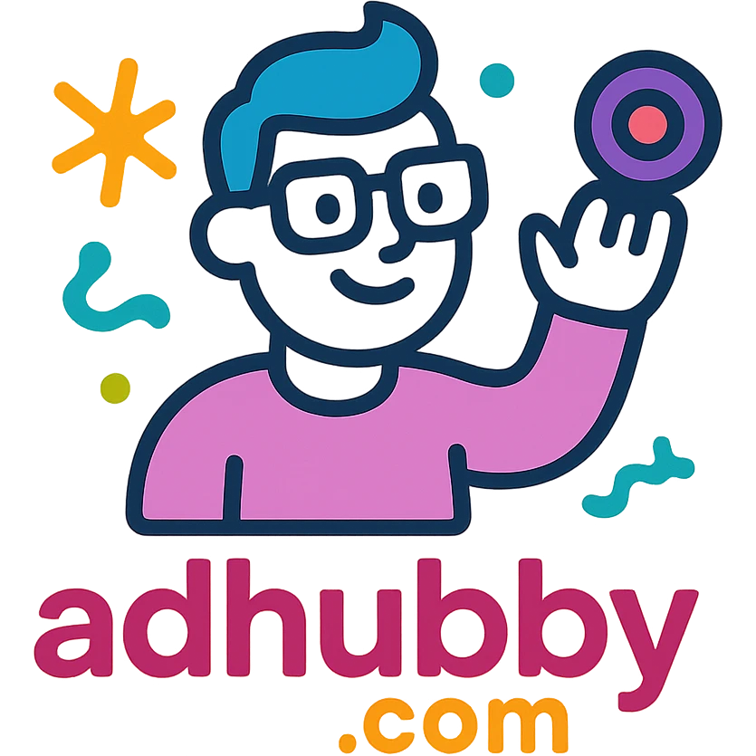Logo for adhubby.com, a creative multi-agent agency, fun and friendly, suitable for small businesses, features playful elements, modern style, tech-inspired, vibrant colors emoji