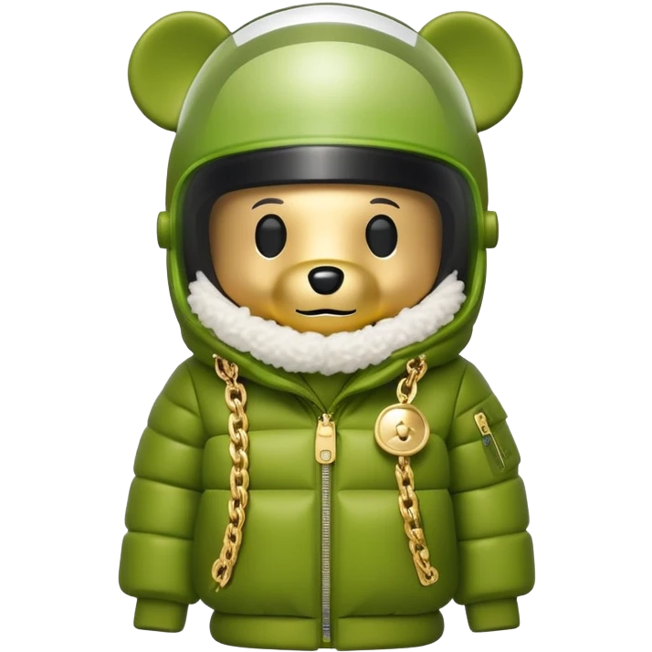bearbrick toy with lime balaclava tagged with logos, wearing oversized monolens ski-type visor shield covering eyes as one continuous piece, puffer jacket with fur, gold chains emoji