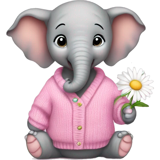 Baby elephant wearing pink sweater and holding daisy emoji