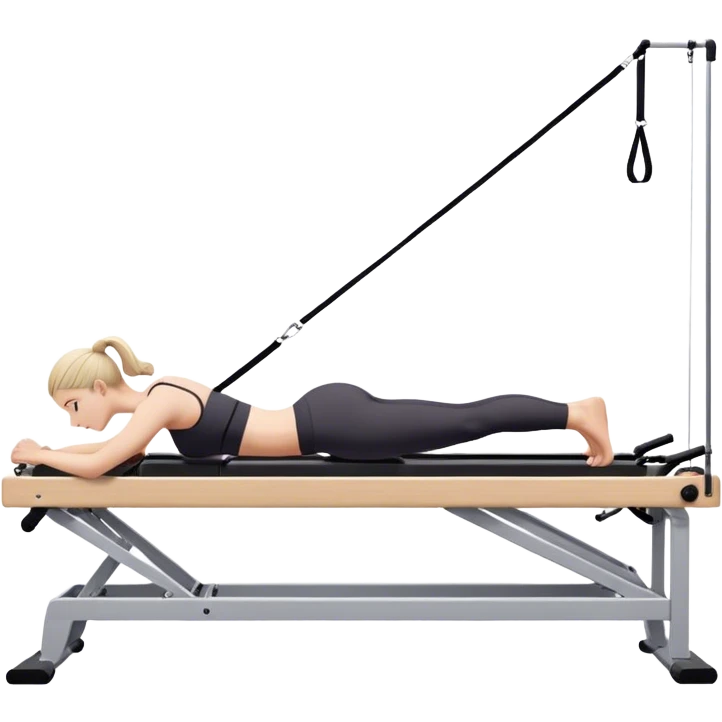 A girl doing a pilate reformer exercize. We have a side view of her emoji