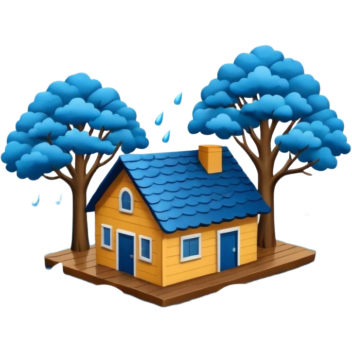 showing a flood disaster scene with powerful blue water waves carrying floating tree branches and wood pieces, small houses partially submerged, dark storm clouds above, heavy rain, realistic yet simple and clean emoji-style design emoji