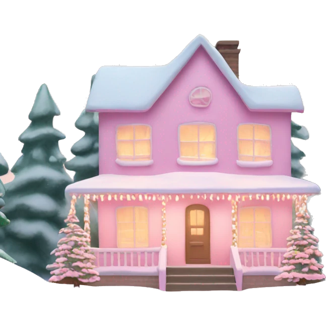 Pastel pink Christmas house with Christmas lights and evergreen trees emoji