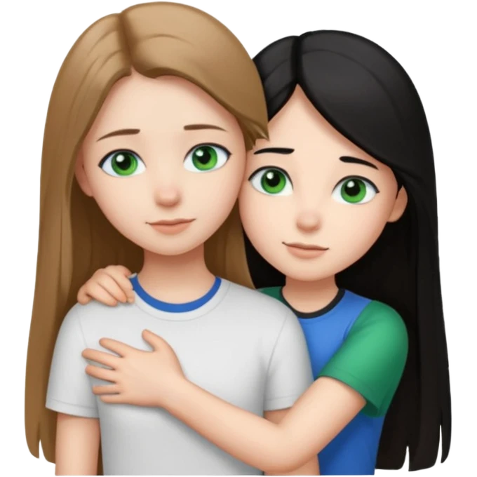 una ragazza dall‘ età di 19 anni con capelli castani chiaro lunghi e lisci ,  occhi blu  ,  e una ragazza di 17 anni capelli neri occhi verdi che si abbracciano e con una maglia bianca o nera  emoji