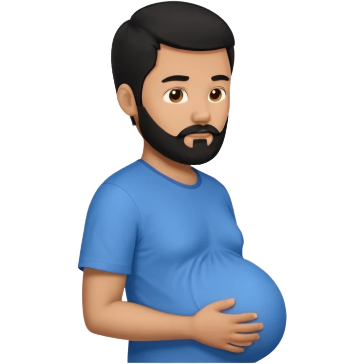 pregnant man with black beard and hai in a blue shirt, side view emoji