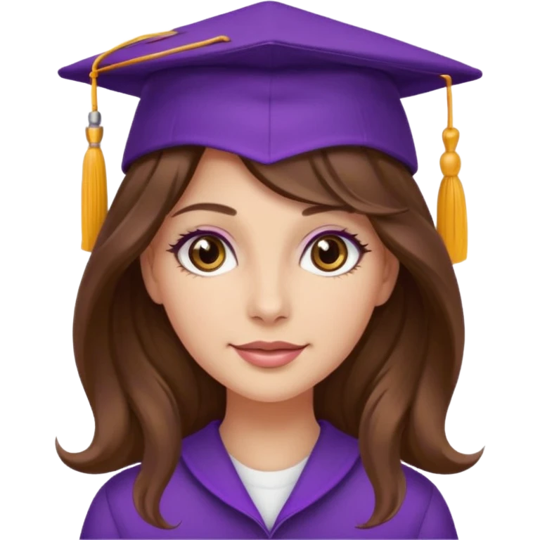 beautiful  woman normal skin with more wavy long long brown hair and hazel eyes with purple school hat emoji