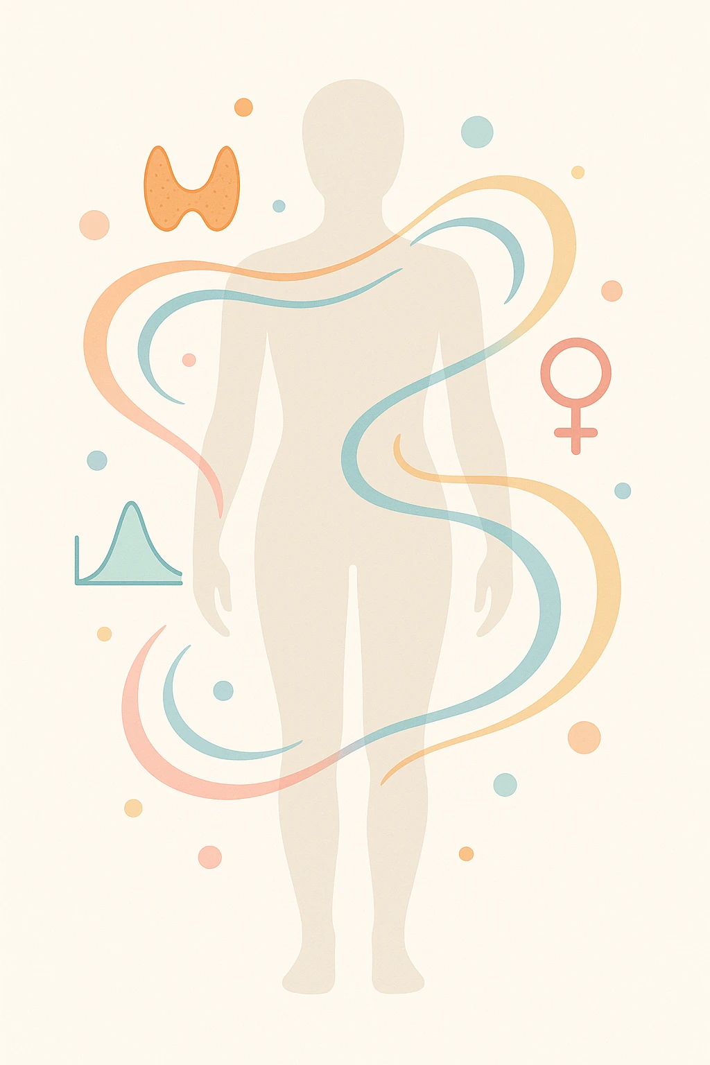 Il corpo è circondato da simboli delicati e bilanciati che rappresentano equilibrio ormonale e metabolico: piccoli cerchi, flussi energetici colorati, simboli stilizzati di tiroide, picco insulina, estrogeni.  emoji