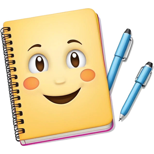 notebook with writing and a smiling face, fun and inviting emoji