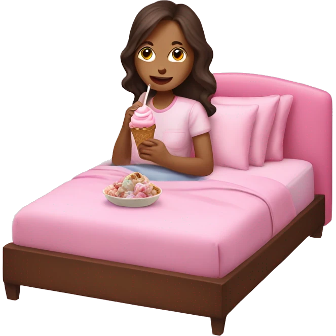 brunette girl eating ice cream in pink bed  emoji