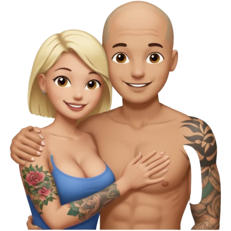 throuple tattooed sleeves bbald male with topless naked big boobed brunette and topless naked big boobed blonde girlfriends  loving  and sexy polygamy naughty  emoji