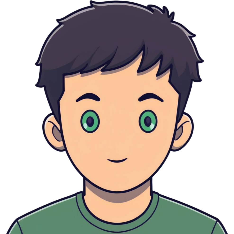 man with dark messy short hair, dark green eyes, wearing a gray t-shirt emoji
