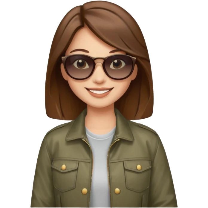 emoji of a young fashionable woman, long wavy brown hair, wearing sunglasses and a trendy jacket, smiling emoji
