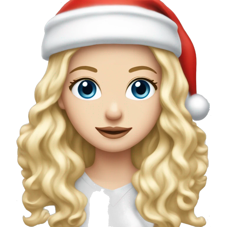 Pretty blue eyed white girl with blonde long wave hair with a santa claus hat emoji