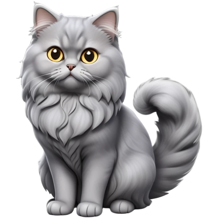 cinematic-[grey persian cat]-realistic-full-body-sitting-emoji,-tail-curled-playfully-around-its-paws,-head-tilted-dramatically,-fluffy-[grey]-fur,-simplified-yet-realistic-focused-features,-highly-detailed,-glowing-with-an-almost-sarcastic-glow emoji