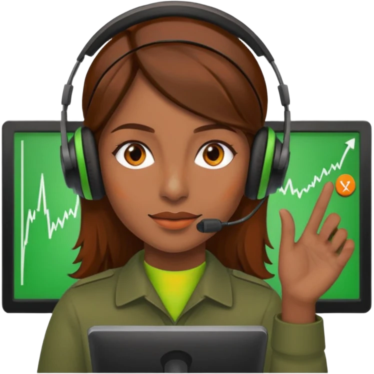 woman, brown hair, wearing a headset. she is controling limits on screen: green = ok, orange = bald überschritten, re = limite überschritten emoji