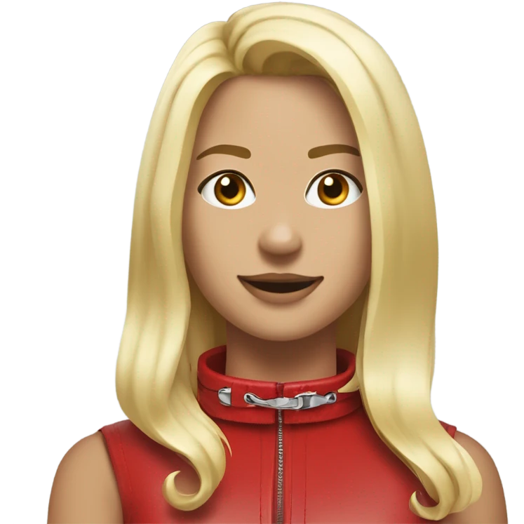 Put a Red leather dog collar on a blond white human female with medium length hair and add a red leash connected to the collar emoji