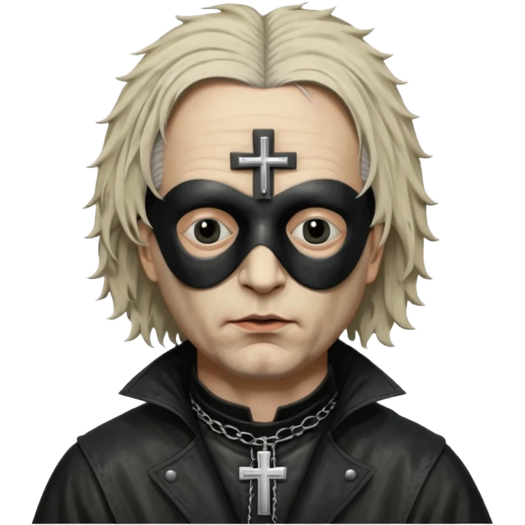 cinematic ultra HD portrait of Joel-Peter Witkin,  he wears a small black mask, a small crucifix is ​​sewn onto the black mask between the eyes of the portrait, he wears a worn leather coat and very disheveled hair emoji