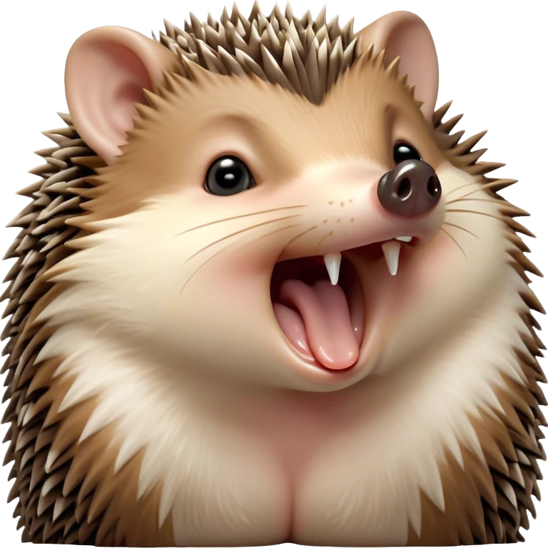 Cinematic Cute Yawning Hedgehog Portrait Emoji, Head tilted slightly with a dramatic, wide-open yawn, showcasing a soft, downy brown Fur with tiny, droopy ears and eyes barely open in drowsy contentment, Simplified yet irresistibly adorable features, highly detailed, glowing with a soft, cozy glow, high shine, relaxed yet expressive, stylized with a touch of natural whimsy, bright and endearing, soft glowing outline, capturing the essence of a sleepy yet affectionate hedgehog, so drowsy it feels like it could curl up out of the screen for a nap! emoji
