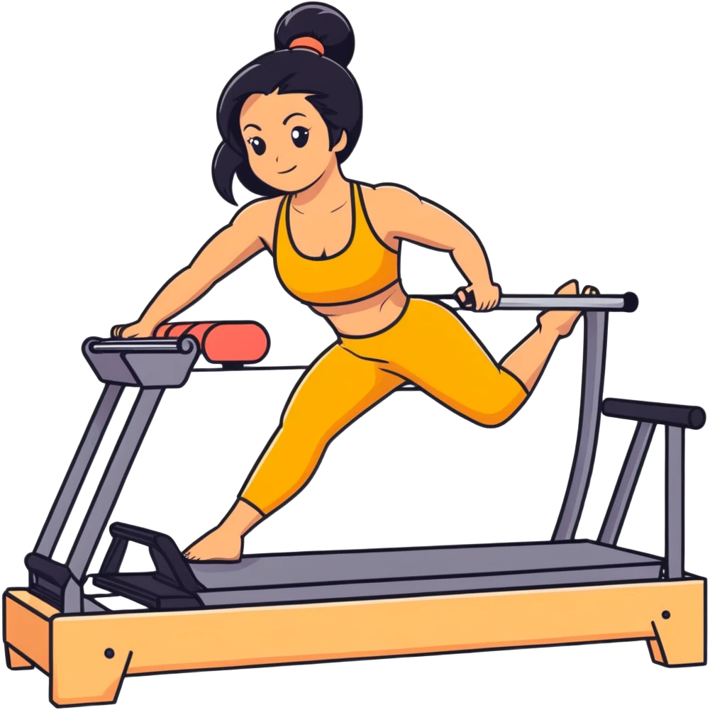 woman with tanned skin, long black hair, wearing a sports bra, doing exercise on a Pilates reformer machine emoji
