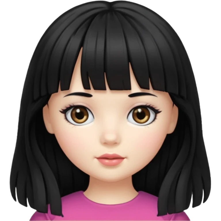 Doll girll, black hair with bangs, slightly wavy, very long hair,long eyelashes, black eyes. emoji