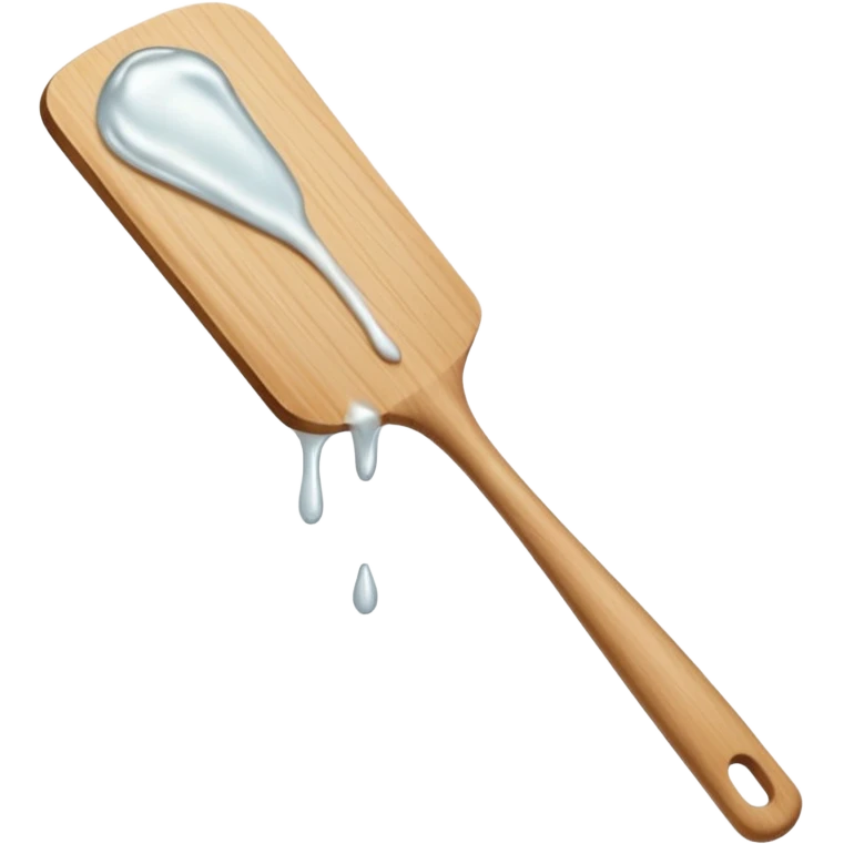 a close-up, minimalist shot of a viscous, pearly substance slowly dripping from a wooden spatula against a neutral gray background. emoji