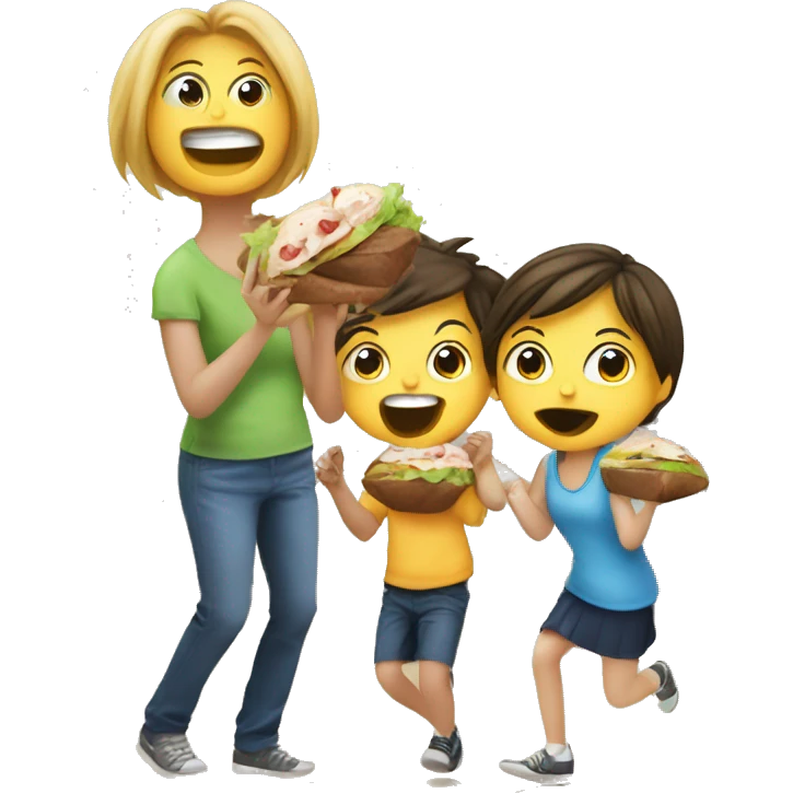 Two kids a boy and a girl going crazy eating an awesome lunch while the mom watches emoji