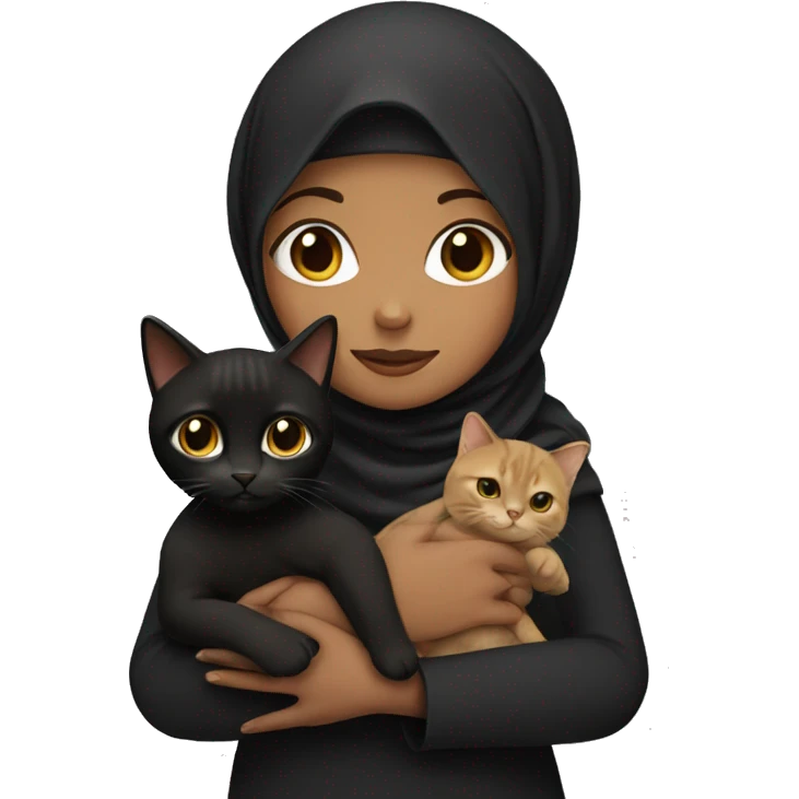 A girl with a black hijab holding a brown cat  emoji