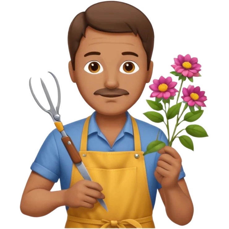 Middle-aged male florist – apron on, trimming stems with scissors emoji