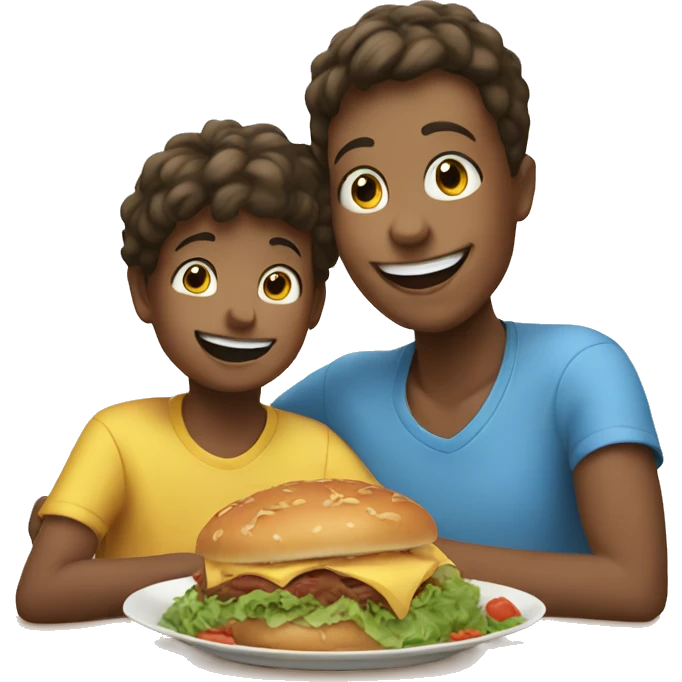 smiling boy and boys mom enjoying food emoji