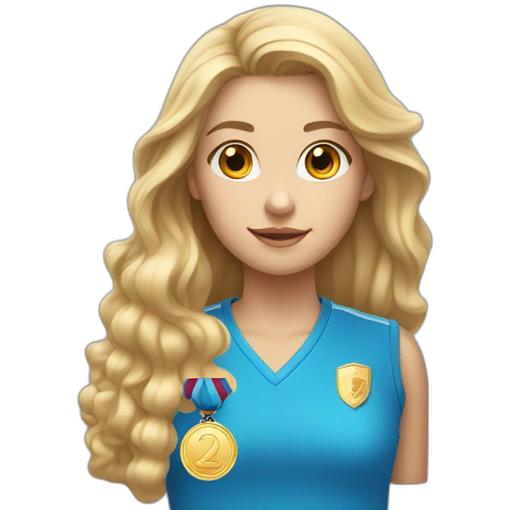 blonde girl with long hair dressed in a blue shirt with pearl earrings and a golden medal emoji