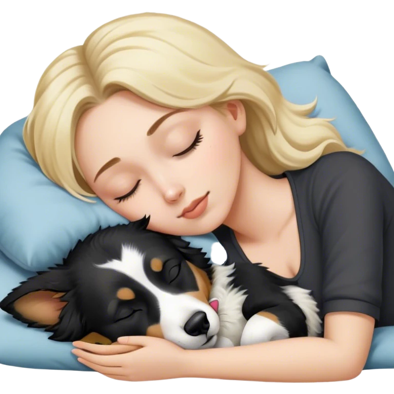 White girl blonde hair sleeping with black and white Australian shepherd with his ears perked up emoji