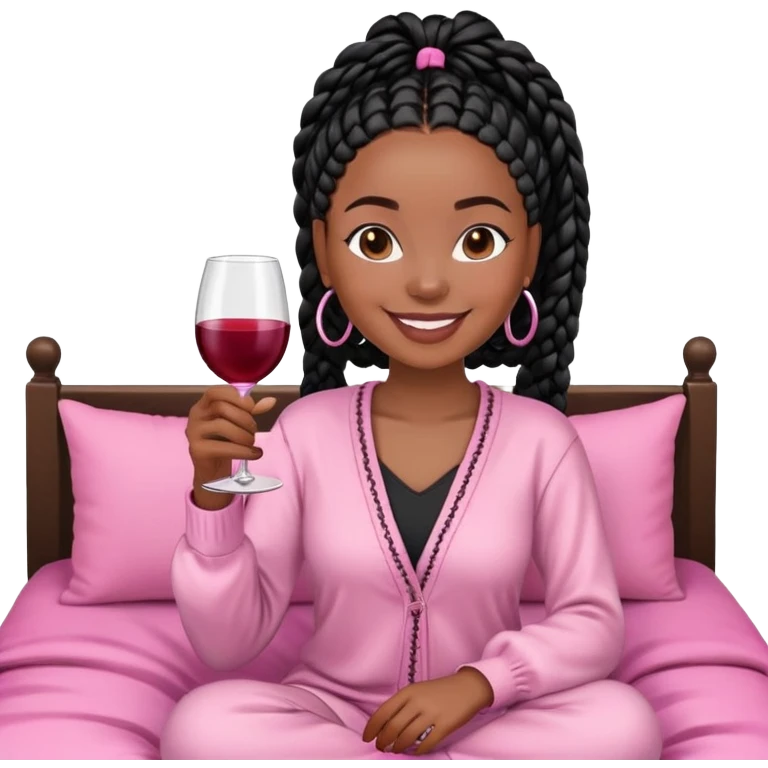 A darker-brown-skinned Black woman with black box braids, holding a wine glass in one hand, smiling or relaxed, wearing a cozy outfit sitting on pink bed emoji