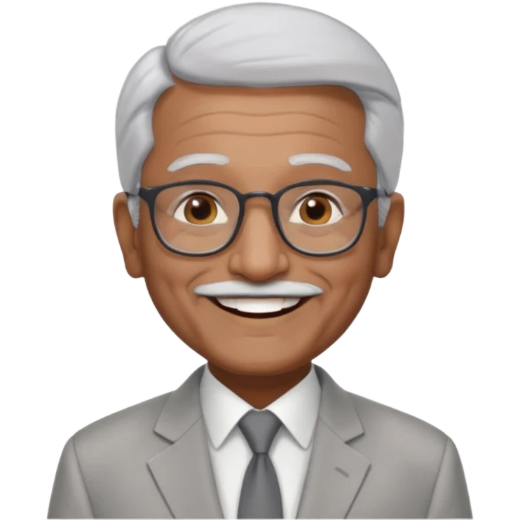 70 yr old indian man, short straight white hair brushed back, light grey business suit, big smile, dark brown skin, no moustache, dark brown eyes, glasses
 emoji