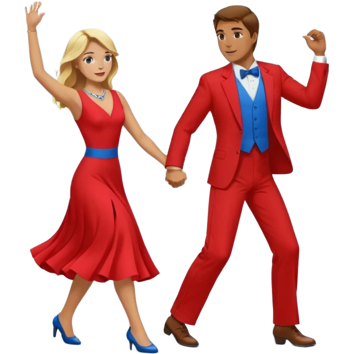 Two people. Man  wearing all red  with brown hair. Women iall blue with blond hair. Swing Dancing.  emoji