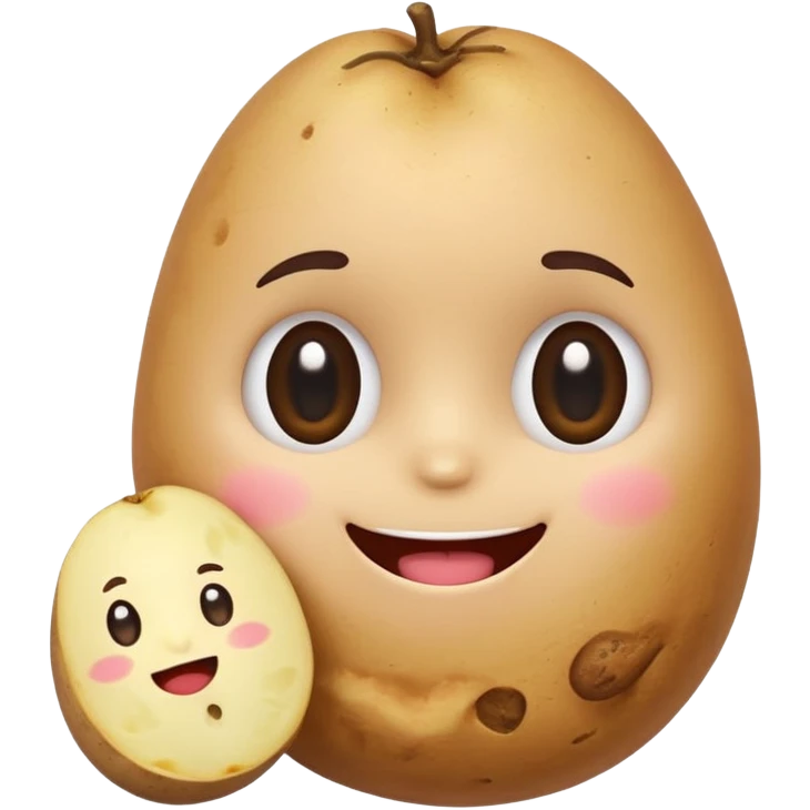 cheerful emoji character with a round head, big shiny eyes, and a cute smile, holding a bitten potato, blushing, simple and friendly, LINE/Kakao Friends style emoji