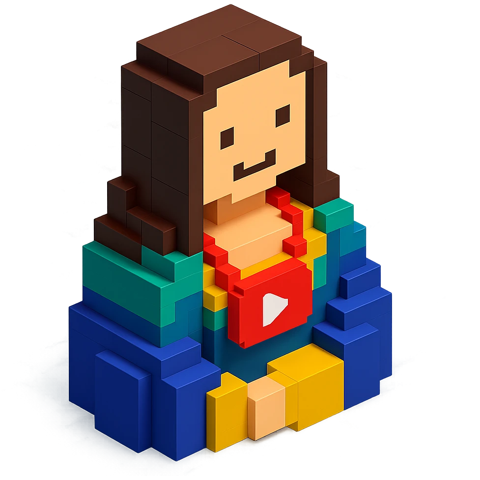 voxel-style Mona Lisa with a YouTube play button necklace, isometric view emoji